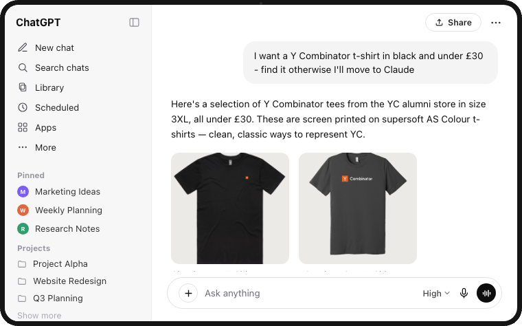 Laptop mockup showing an AI shopping assistant finding products inside ChatGPT