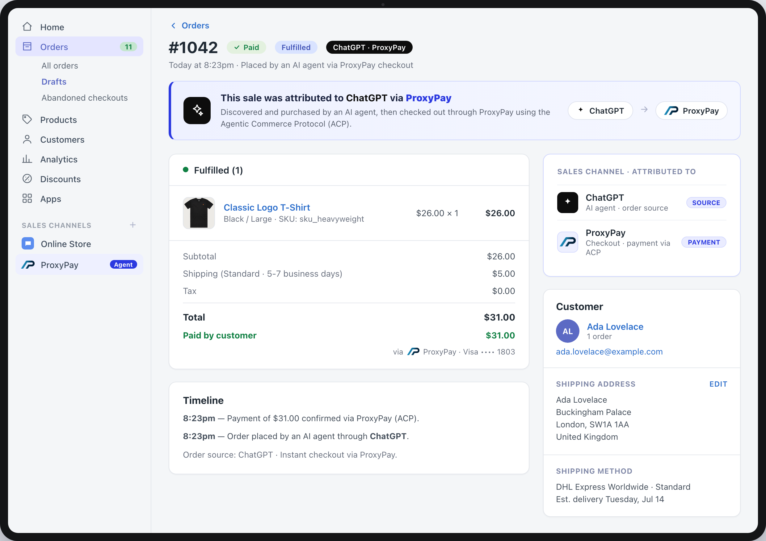 A Shopify order page showing a sale attributed to ChatGPT via ProxyPay