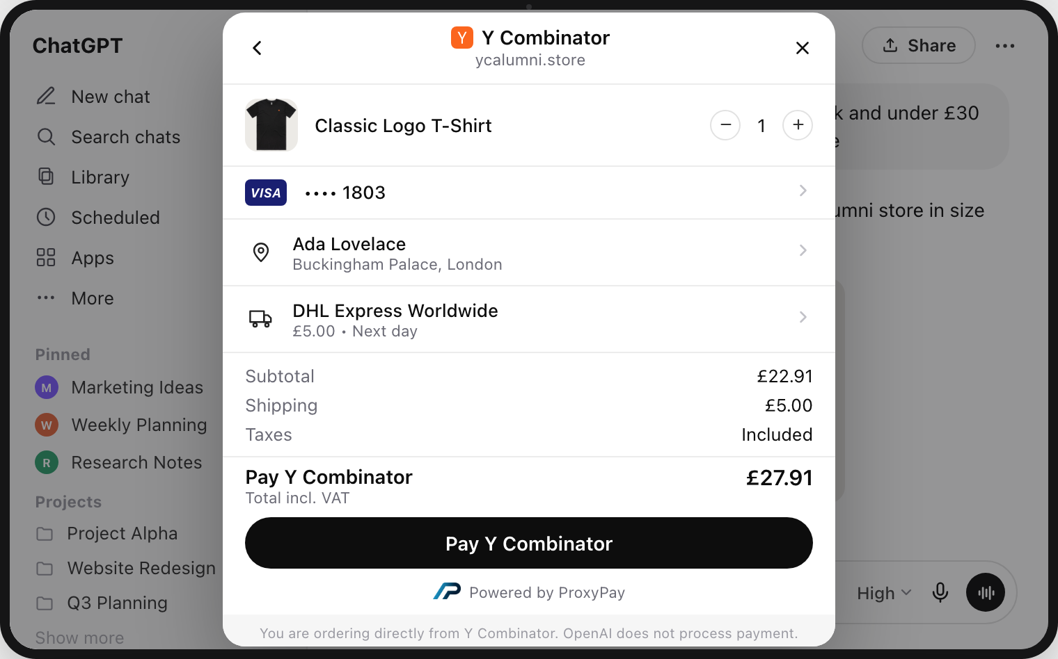 The ChatGPT checkout modal completing a purchase through ProxyPay