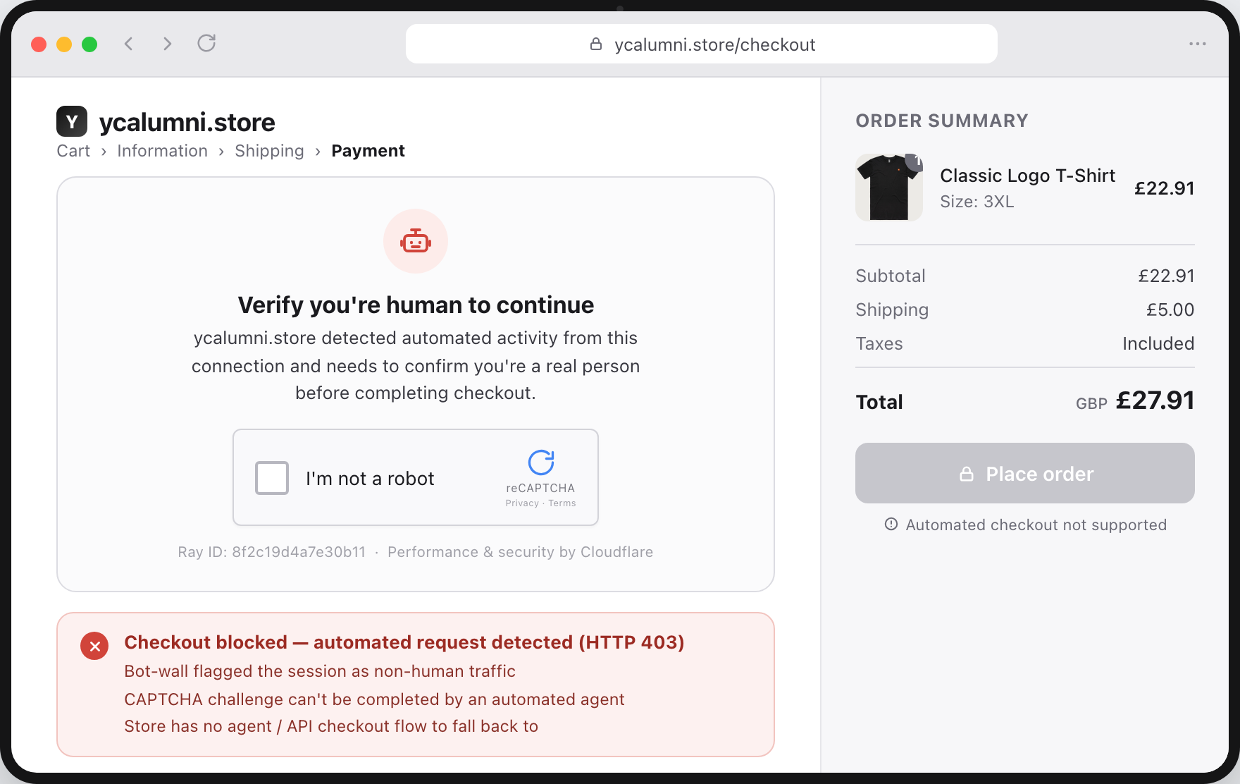 A checkout blocked by a bot-detection wall and CAPTCHA