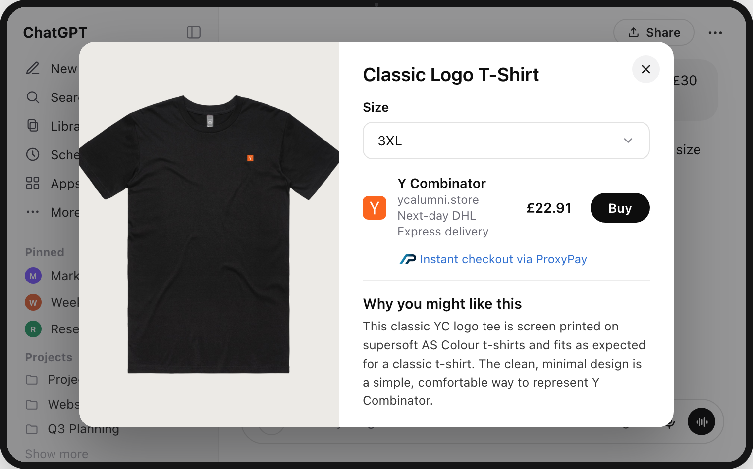 A ChatGPT product-detail view with instant checkout via ProxyPay